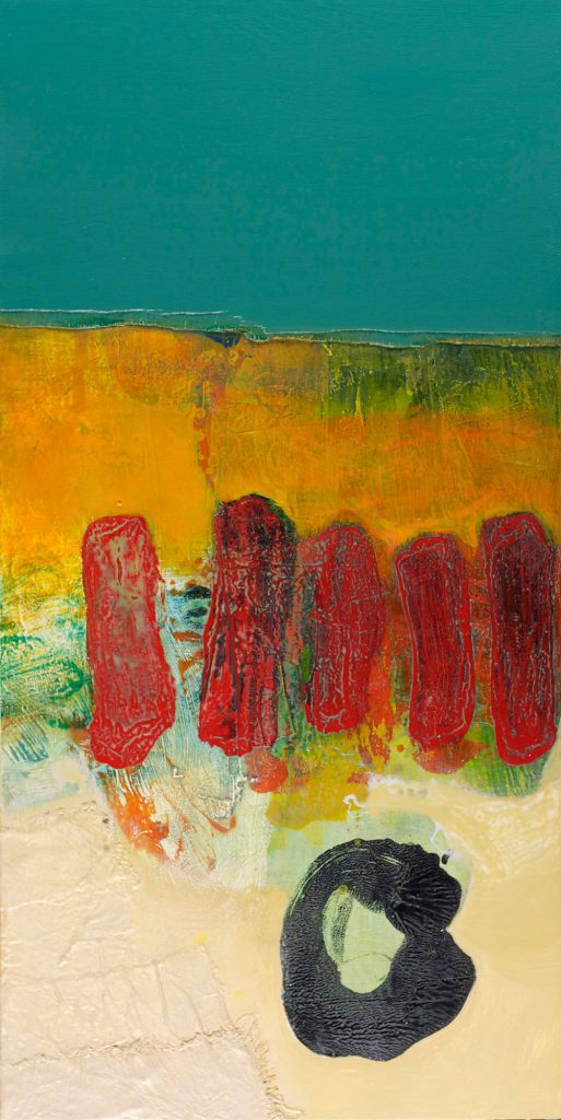'Sticks and Stones', 2014, Acrylic, Mixed Media and Collage on Panel, 48 x 24.25 inches (122 x 62 cm)