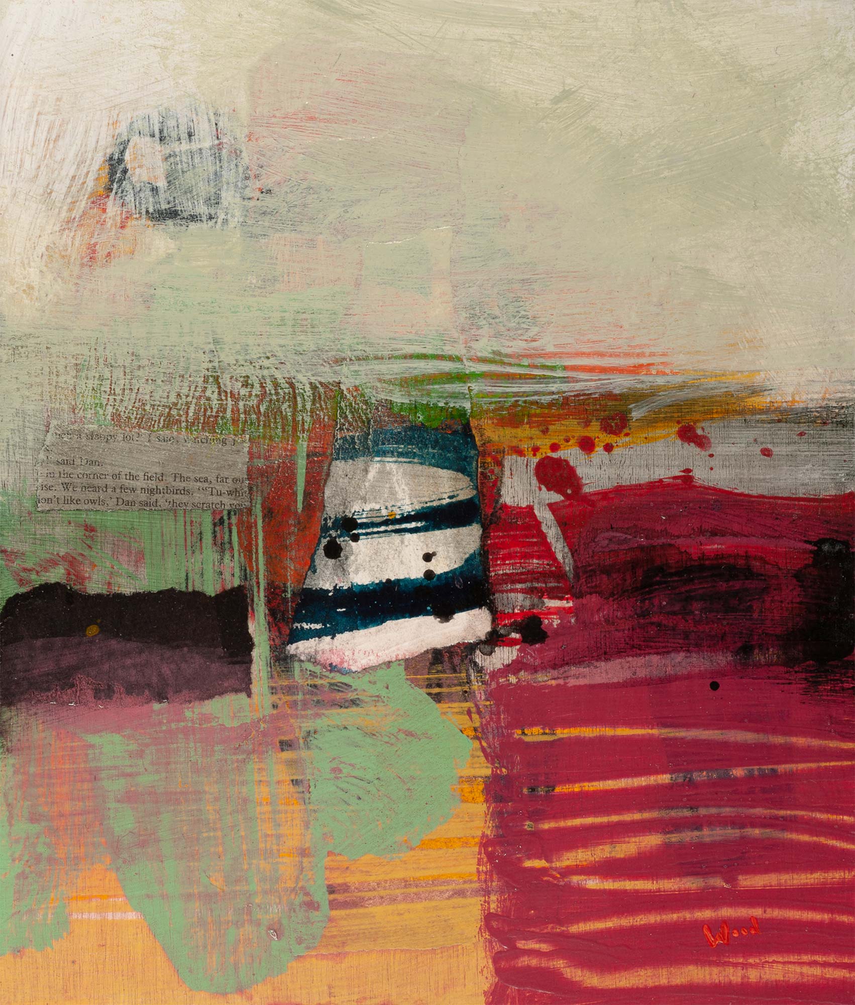 'I Don’t Like Owls'  |  12.5 x 10.5 inches (32 x 27 cm); Acrylic & Collage on Panel  |  £1400